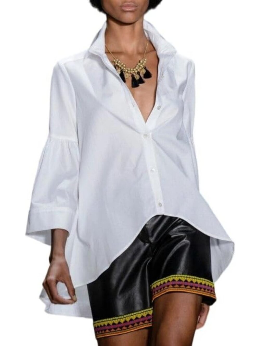Chic Women's 3/4 Flare Sleeve Cotton Blouse, Button Down, High Low Hem, V Neck